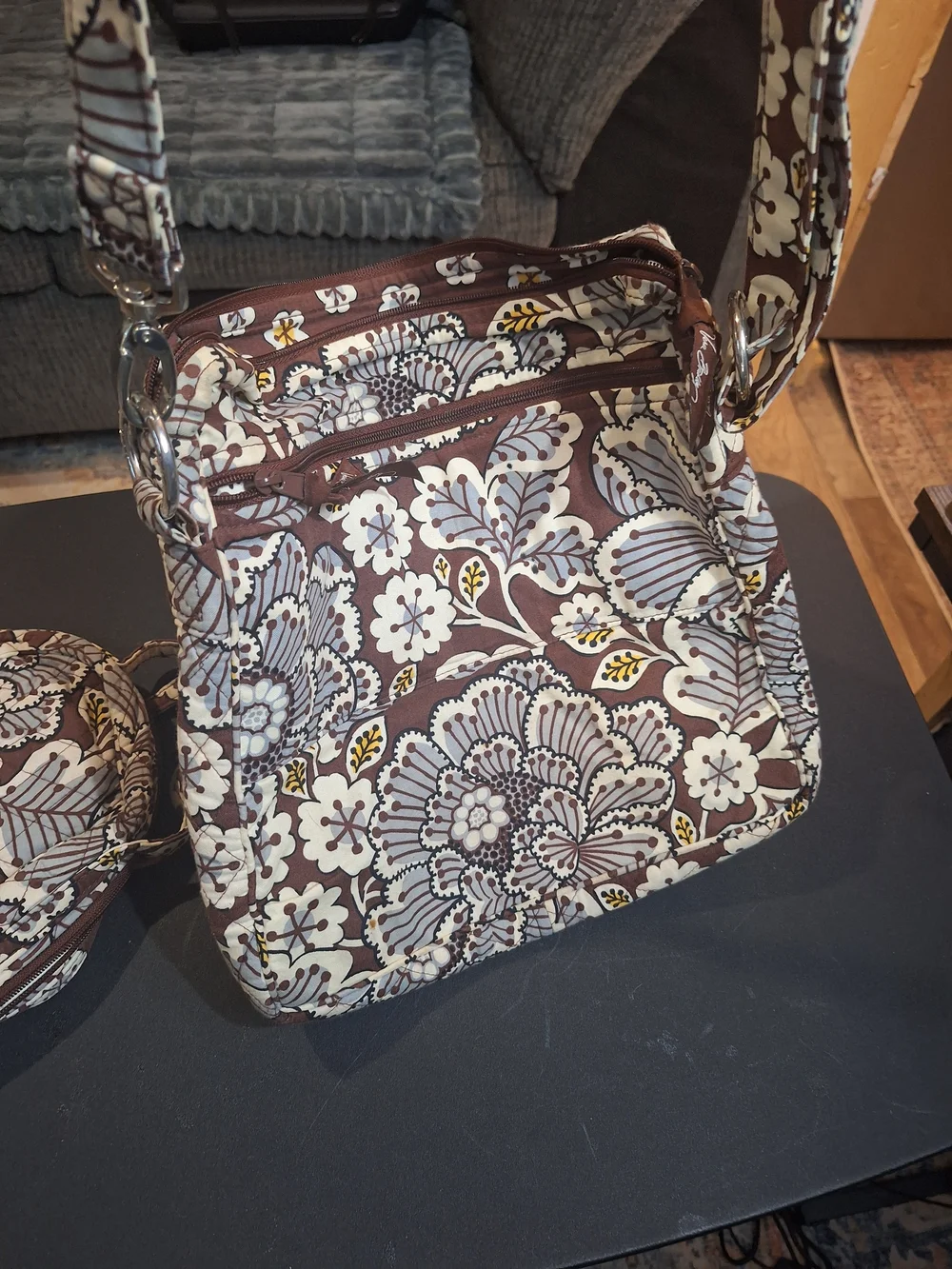 Vera Bradley Brown Floral Quilted Crossbody with Cream, Gray and Yellow Accents